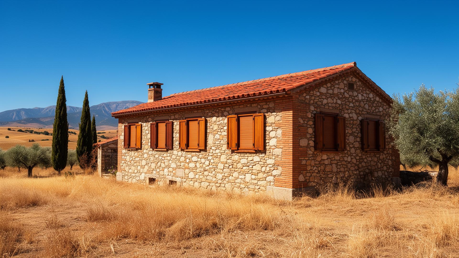 Chalet rural de piedra y ladrillo con persianas cerradas en un pueblo de Castilla y León, en pleno verano