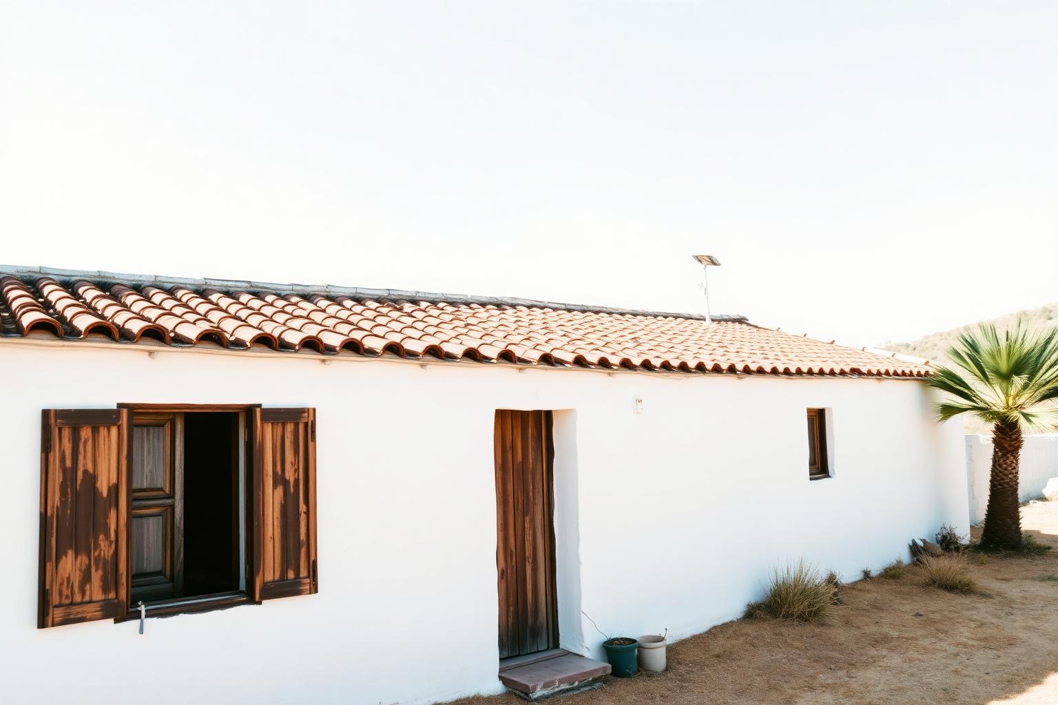 Casa rural valenciana de cal y teja con persianas cerradas en un pueblo de la provincia de Valencia, en pleno verano